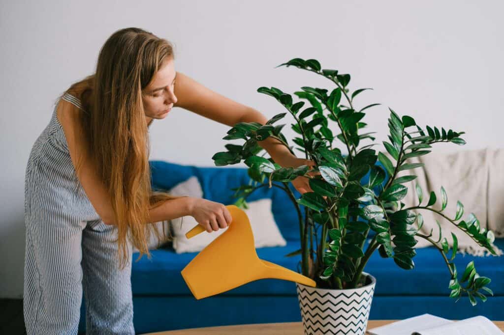 Single woman watering her plant and taking care of herself enjoying her single life in her 20s